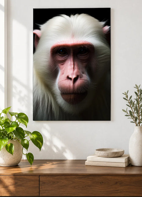The White-Furred Wonder (Monkey), shown as frameless acrylic artwork above a walnut console against a white wall.