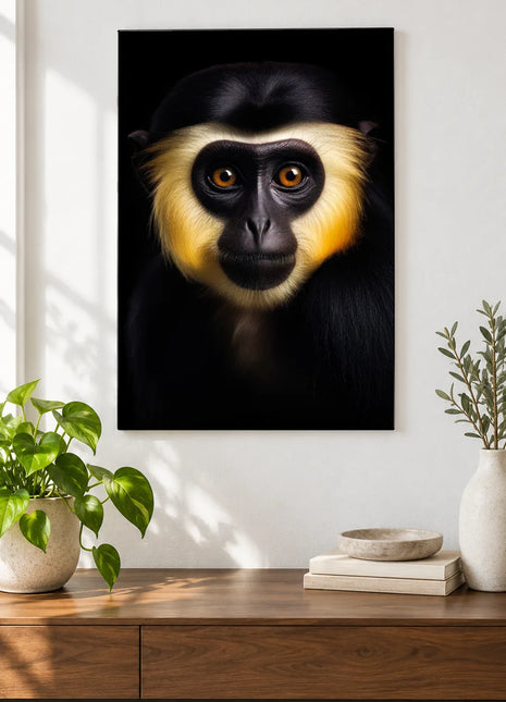 A Golden-Cheeked Greeting (Monkey), shown as frameless acrylic artwork above a walnut console against a white wall.