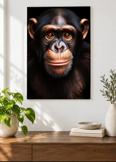 The Chimpanzee's Easy Smile (Chimpanzee), shown as frameless acrylic artwork above a walnut console against a white wall.