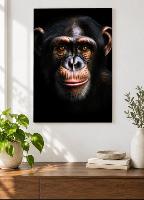 The Round-Eared Rascal (Chimpanzee), shown as frameless acrylic artwork above a walnut console against a white wall.