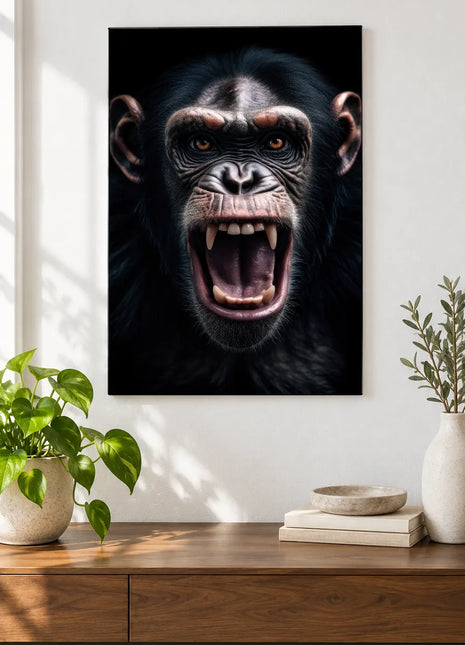 The Chimpanzee Has a Say (Chimpanzee), shown as frameless acrylic artwork above a walnut console against a white wall.