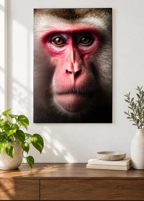 Rose-Faced Reverie (Monkey), shown as frameless acrylic artwork above a walnut console against a white wall.