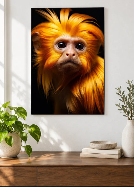 A Golden Hair Day (Monkey), shown as frameless acrylic artwork above a walnut console against a white wall.