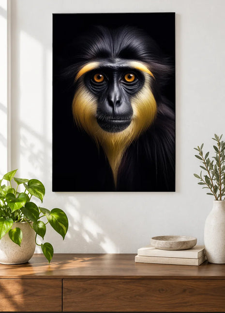 The Monkey's Beard of Gold (Monkey), shown as frameless acrylic artwork above a walnut console against a white wall.