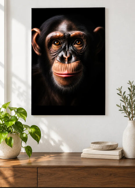 Chimpanzee, Just Wondering (Chimpanzee), shown as frameless acrylic artwork above a walnut console against a white wall.