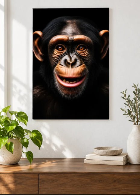 The Chimpanzee's Grin Business (Chimpanzee), shown as frameless acrylic artwork above a walnut console against a white wall.