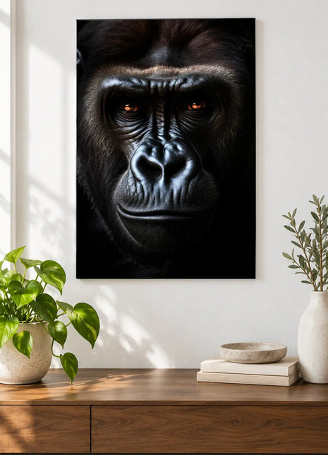 Gorilla at Face Value (Gorilla), shown as frameless acrylic artwork above a walnut console against a white wall.