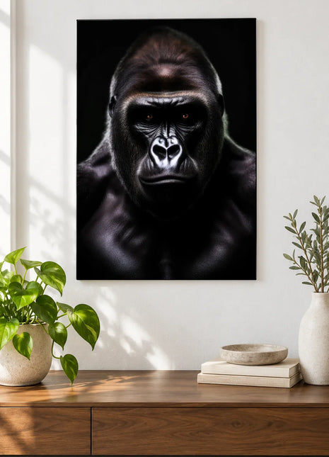 Shouldering the Shadows (Gorilla), shown as frameless acrylic artwork above a walnut console against a white wall.