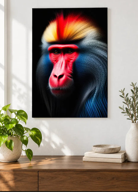 The Colorful Crest Show (Monkey), shown as frameless acrylic artwork above a walnut console against a white wall.
