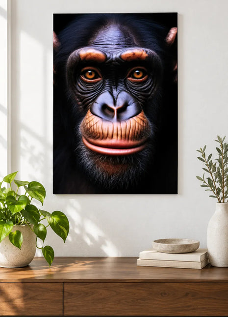 Cool Head, Warm Chimp Smile (Chimpanzee), shown as frameless acrylic artwork above a walnut console against a white wall.