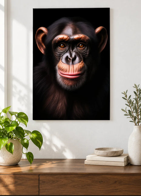 The Chimpanzee's Softer Side (Chimpanzee), shown as frameless acrylic artwork above a walnut console against a white wall.