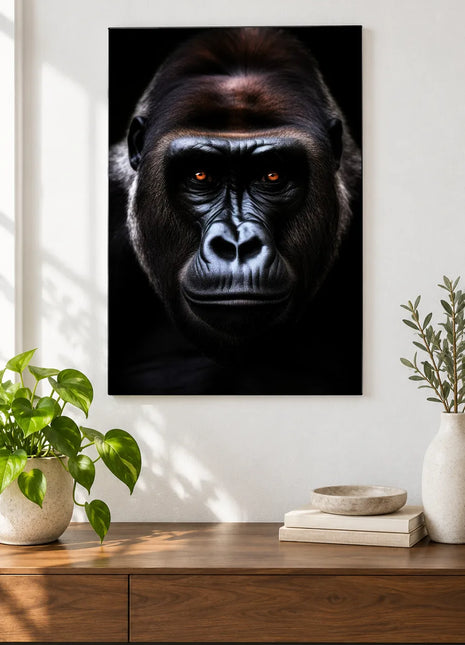 The Gorilla's Amber Attention (Gorilla), shown as frameless acrylic artwork above a walnut console against a white wall.