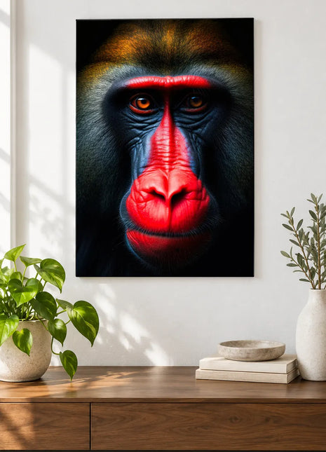 A Monkey's Nose for Color (Monkey), shown as frameless acrylic artwork above a walnut console against a white wall.