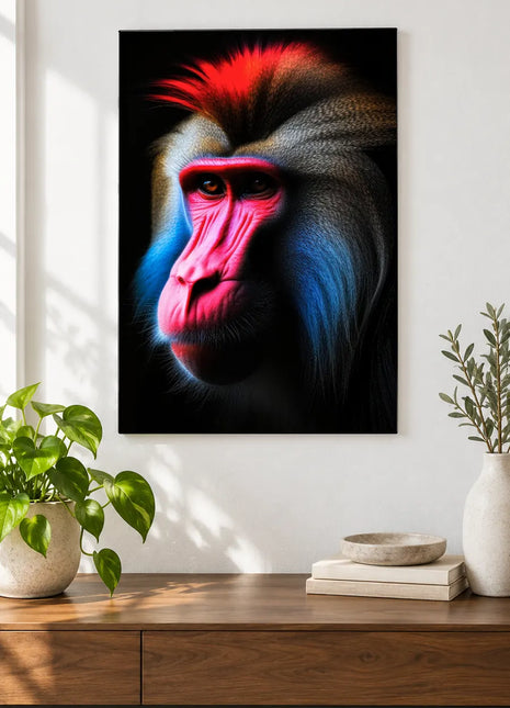 A Bright Turn of the Head (Monkey), shown as frameless acrylic artwork above a walnut console against a white wall.