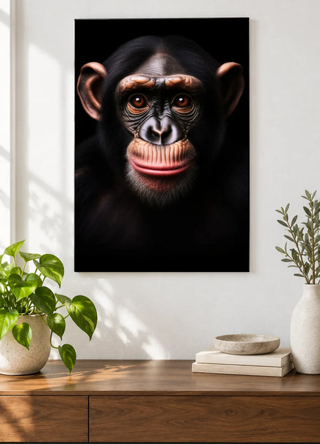 The Chimpanzee's Pink-Lip Poise (Chimpanzee), shown as frameless acrylic artwork above a walnut console against a white wall.