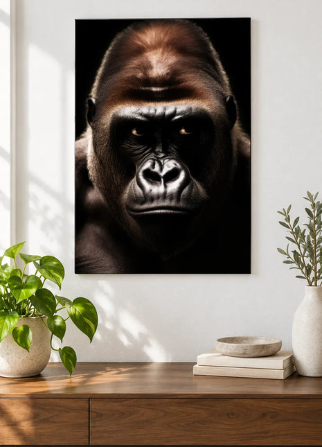 The Gorilla's Crowning Moment (Gorilla), shown as frameless acrylic artwork above a walnut console against a white wall.
