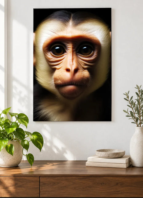 The Monkey's Wide-Eyed Wonder (Monkey), shown as frameless acrylic artwork above a walnut console against a white wall.
