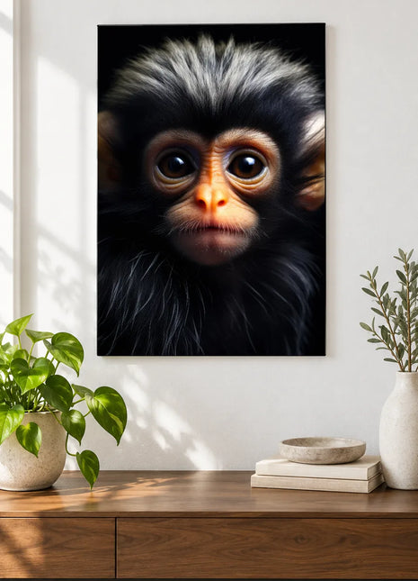Little Face, Big Hair (Monkey), shown as frameless acrylic artwork above a walnut console against a white wall.