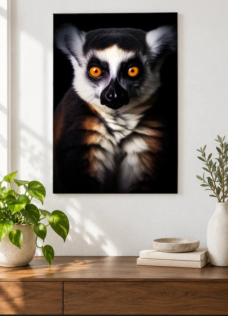 The Lemur's Golden-Eyed Hello (Lemur), shown as frameless acrylic artwork above a walnut console against a white wall.