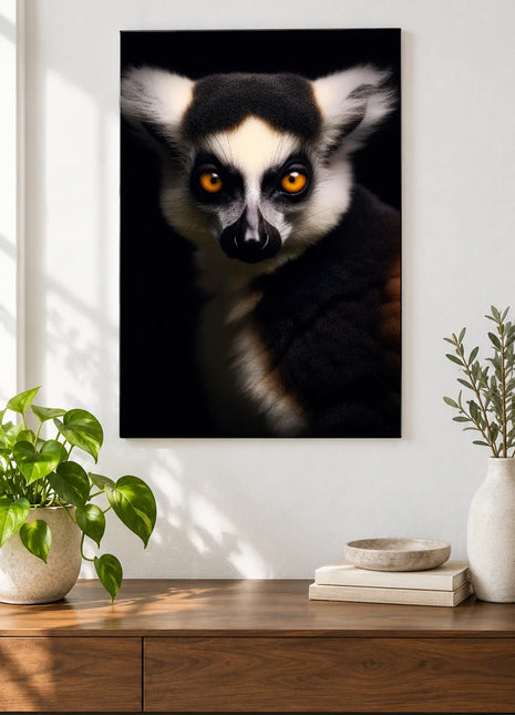 The Lemur Looks Back (Lemur), shown as frameless acrylic artwork above a walnut console against a white wall.