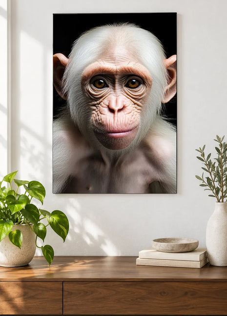 The Chimpanzee's Light Side (Chimpanzee), shown as frameless acrylic artwork above a walnut console against a white wall.