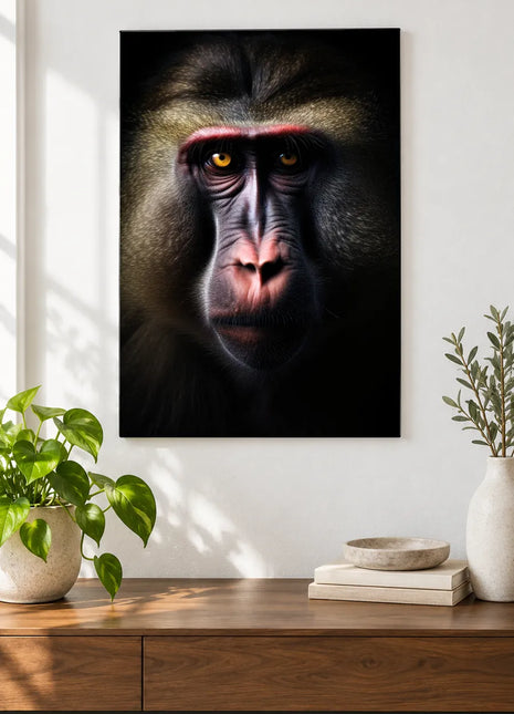 Why the Long Face, Monkey? (Monkey), shown as frameless acrylic artwork above a walnut console against a white wall.
