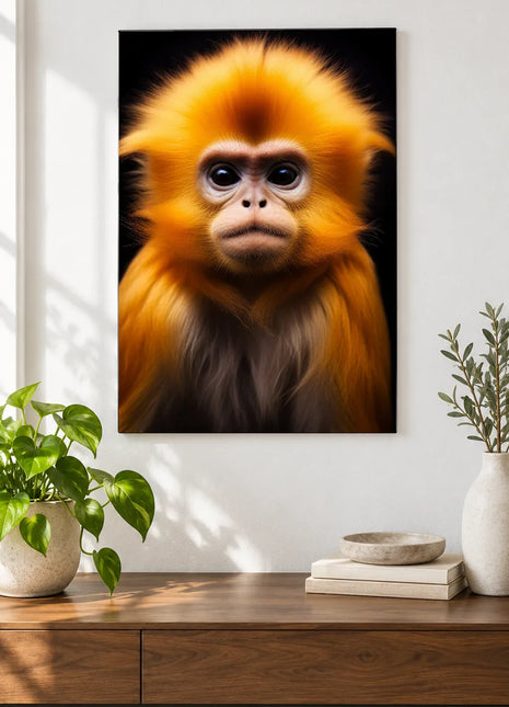 Top of the Tuft (Monkey), shown as frameless acrylic artwork above a walnut console against a white wall.