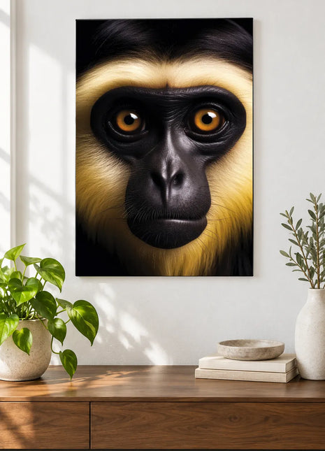 Cheek-Framed Curiosity (Monkey), shown as frameless acrylic artwork above a walnut console against a white wall.