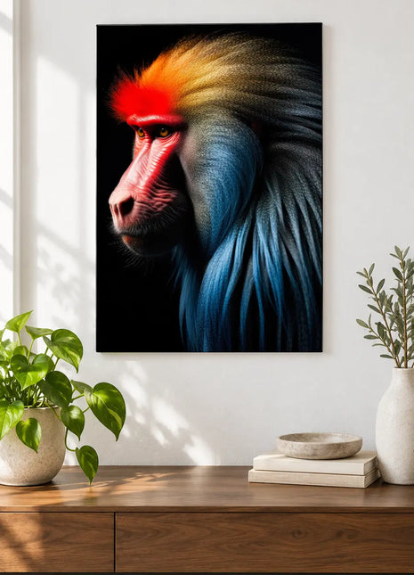 A Primate on the Bright Side (Monkey), shown as frameless acrylic artwork above a walnut console against a white wall.