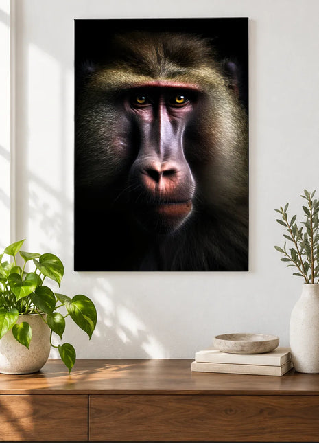 The Monkey's Long Story (Monkey), shown as frameless acrylic artwork above a walnut console against a white wall.