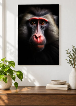 Coral-Brow Monkey (Monkey), shown as frameless acrylic artwork above a walnut console against a white wall.