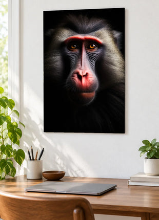 Coral-Brow Monkey (Monkey), shown as frameless acrylic artwork above a wooden desk against a white wall.