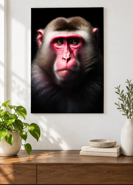 Monkey Cap and Character (Monkey), shown as frameless acrylic artwork above a walnut console against a white wall.