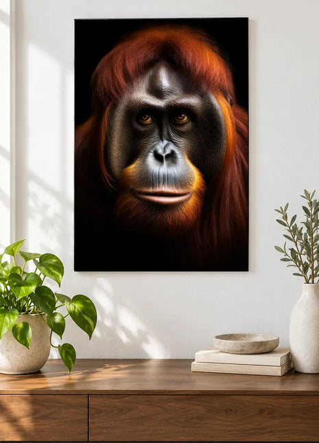 The Orangutan's Auburn Curtain (Orangutan), shown as frameless acrylic artwork above a walnut console against a white wall.