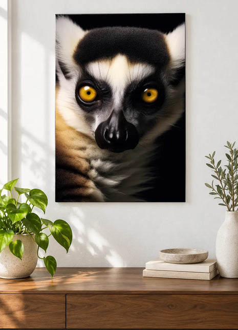 Lemur Eye Contact (Lemur), shown as frameless acrylic artwork above a walnut console against a white wall.