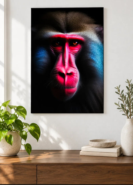 Face the Spectrum (Monkey), shown as frameless acrylic artwork above a walnut console against a white wall.