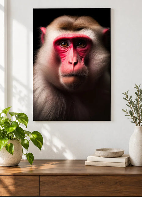 The Monkey's Rosy Outlook (Monkey), shown as frameless acrylic artwork above a walnut console against a white wall.