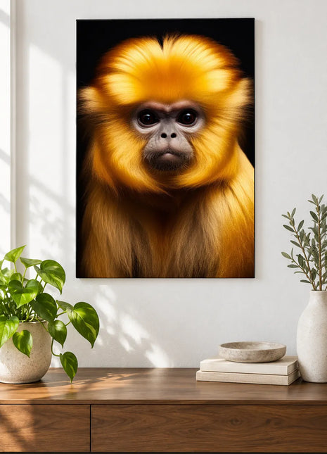 Golden Monkey, Full Circle (Monkey), shown as frameless acrylic artwork above a walnut console against a white wall.