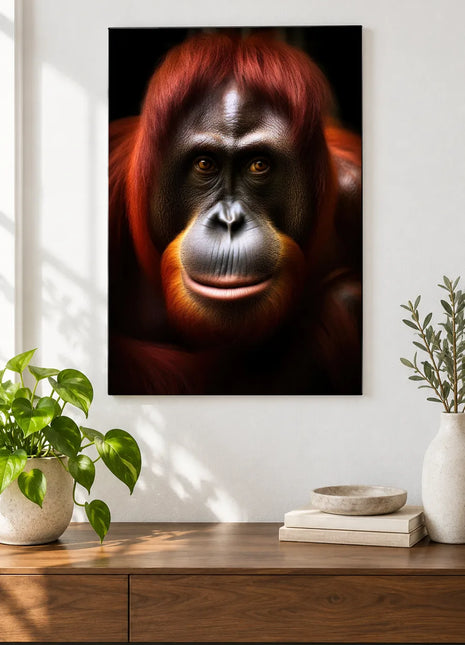Orangutan Fringe Benefits (Orangutan), shown as frameless acrylic artwork above a walnut console against a white wall.