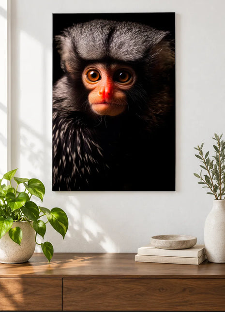 The Silver-Crested Surprise (Monkey), shown as frameless acrylic artwork above a walnut console against a white wall.