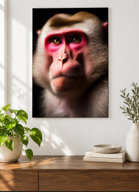 The Monkey's Second Look (Monkey), shown as frameless acrylic artwork above a walnut console against a white wall.