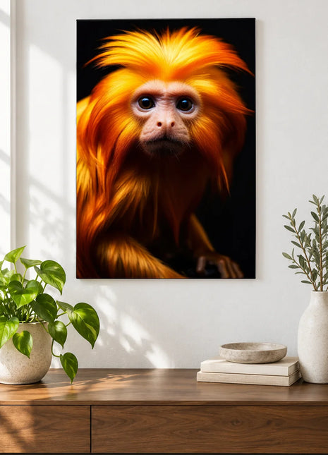 A Monkey Mane Affair (Monkey), shown as frameless acrylic artwork above a walnut console against a white wall.