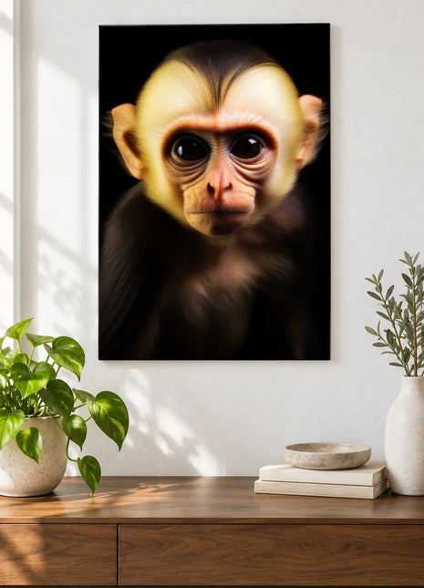 A Heart Above the Eyes (Monkey), shown as frameless acrylic artwork above a walnut console against a white wall.
