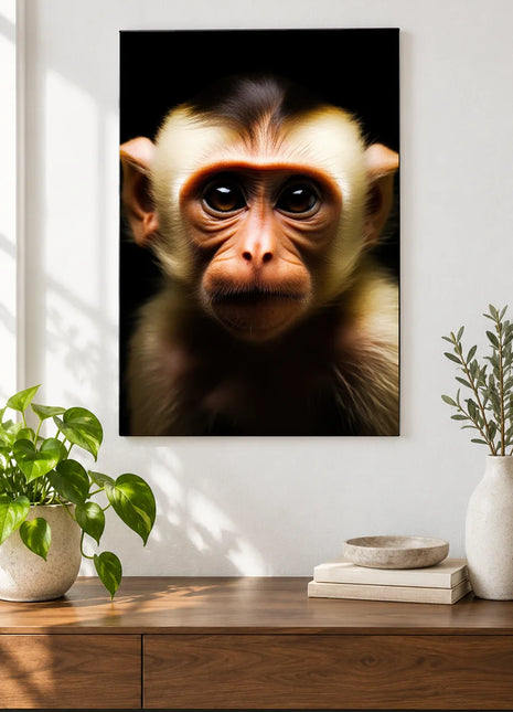 The Little Monkey Lookout (Monkey), shown as frameless acrylic artwork above a walnut console against a white wall.