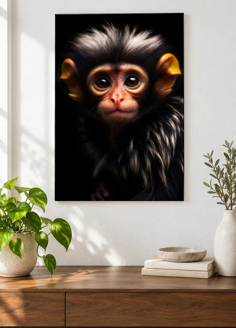 Little Monkey, Big Ears (Monkey), shown as frameless acrylic artwork above a walnut console against a white wall.