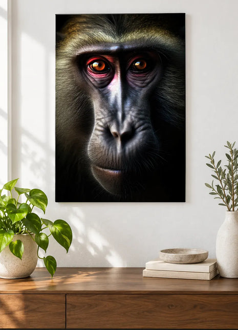Silver-Muzzle Musing (Monkey), shown as frameless acrylic artwork above a walnut console against a white wall.