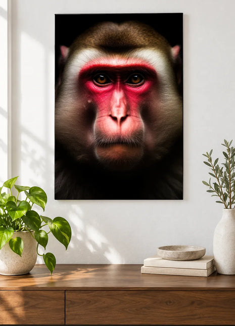 The Round-Capped Observer (Monkey), shown as frameless acrylic artwork above a walnut console against a white wall.