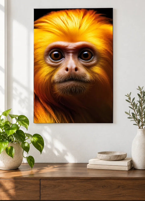 Orange You Curious (Monkey), shown as frameless acrylic artwork above a walnut console against a white wall.