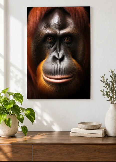 Orangutan: Long Face, Soft Fringe (Orangutan), shown as frameless acrylic artwork above a walnut console against a white wall.