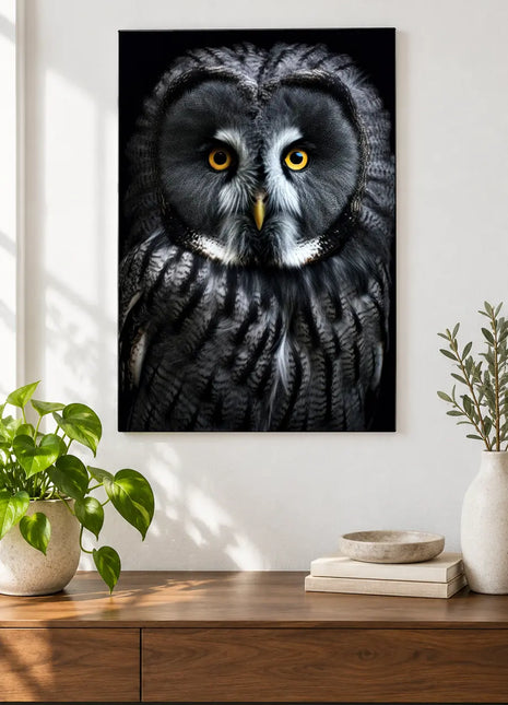 Golden-Eyed Watcher Wall Art, shown as frameless acrylic artwork above a walnut console against a white wall.